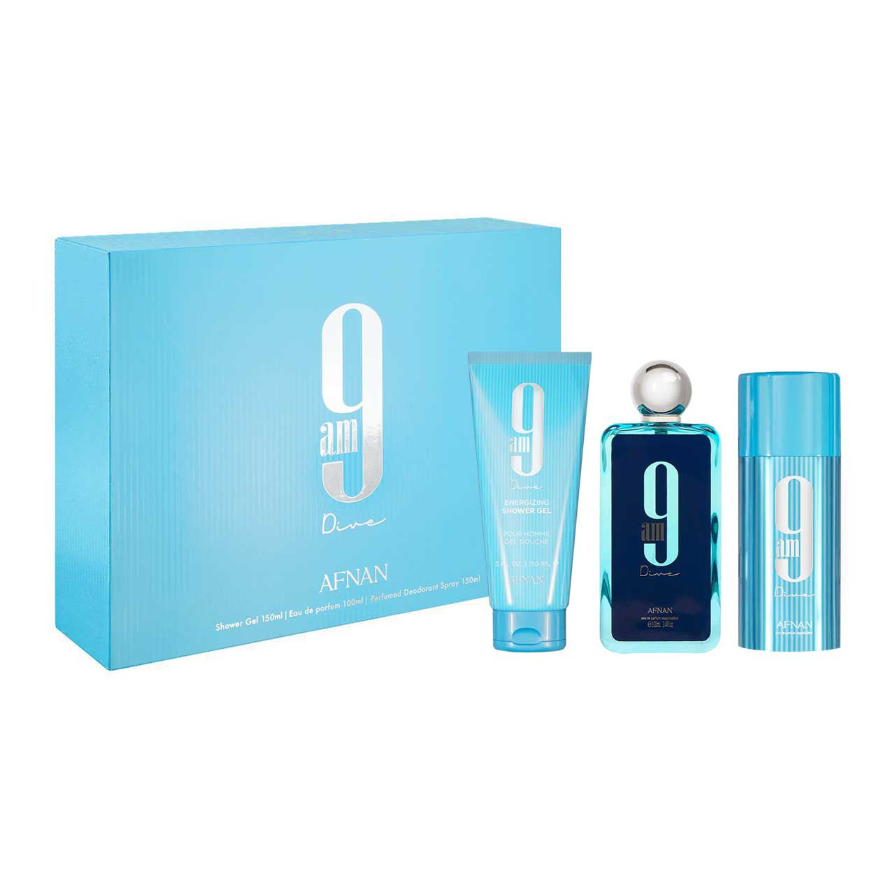 Afnan 9Am Dive Estuche 3 Piezas Unisex EDP 100ml + Gel de Baño 150ml + Desodorante 150ml
