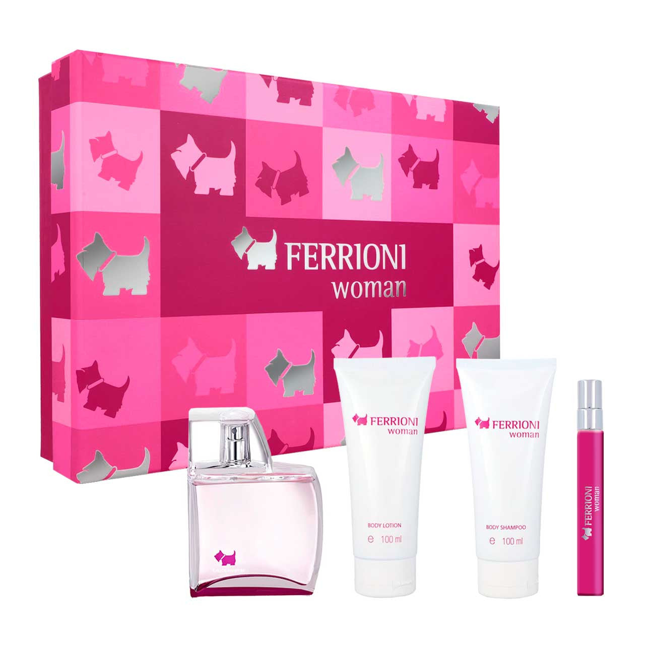 Ferrioni SET 4 Piezas mujer EDP 100ml + Locion Corporal 100ml + Shampoo Corporal 100ml + Miniatura 10ml