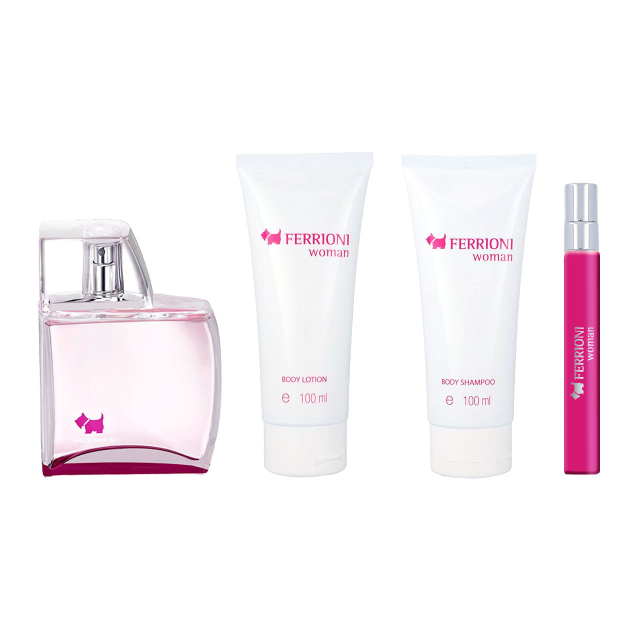 Ferrioni SET 4 Piezas mujer EDP 100ml + Locion Corporal 100ml + Shampoo Corporal 100ml + Miniatura 10ml