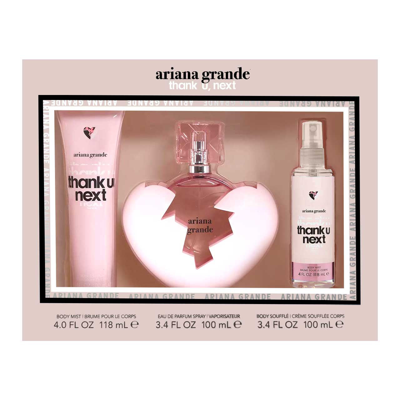 Ariana Grande
Thank U Next SET 3 Piezas Dama EDP 100ml + Locion Corporal 100ml + BODY MIST 118ml