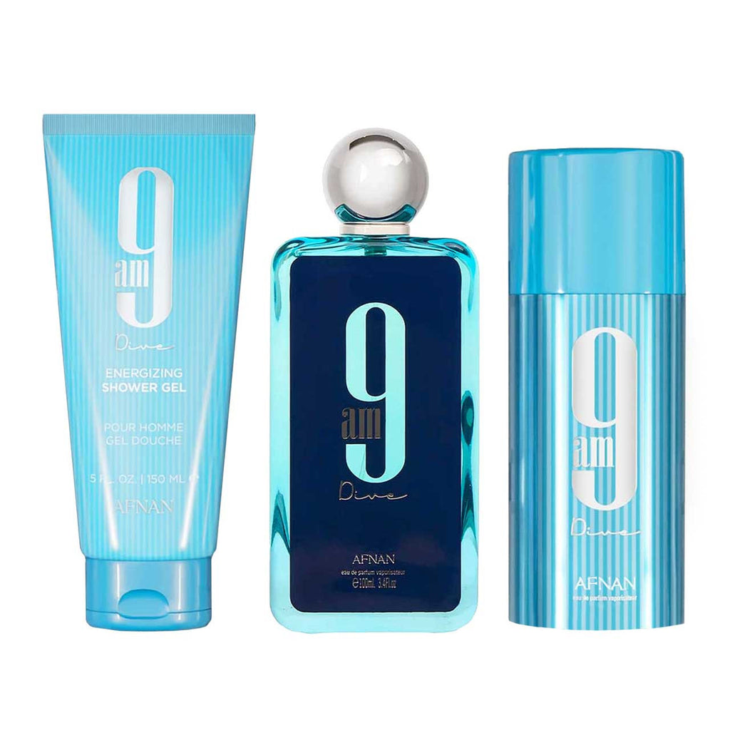 Afnan 9Am Dive Estuche 3 Piezas Unisex EDP 100ml + Gel de Baño 150ml + Desodorante 150ml