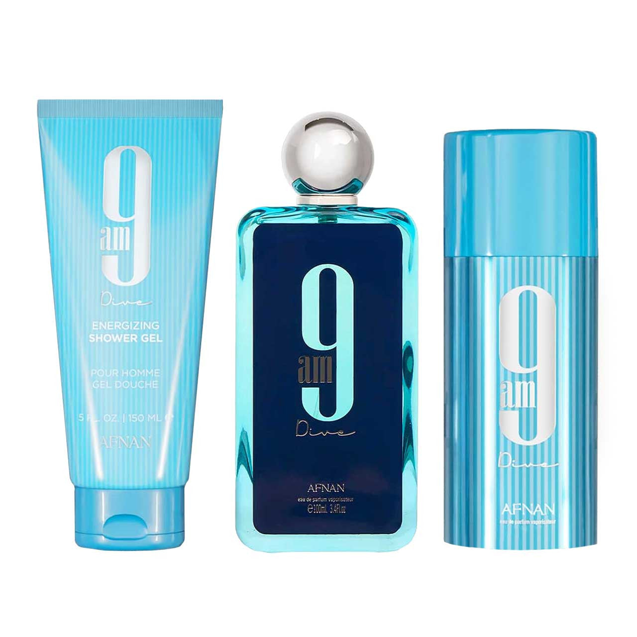 Afnan 9Am Dive Estuche 3 Piezas Unisex EDP 100ml + Gel de Baño 150ml + Desodorante 150ml