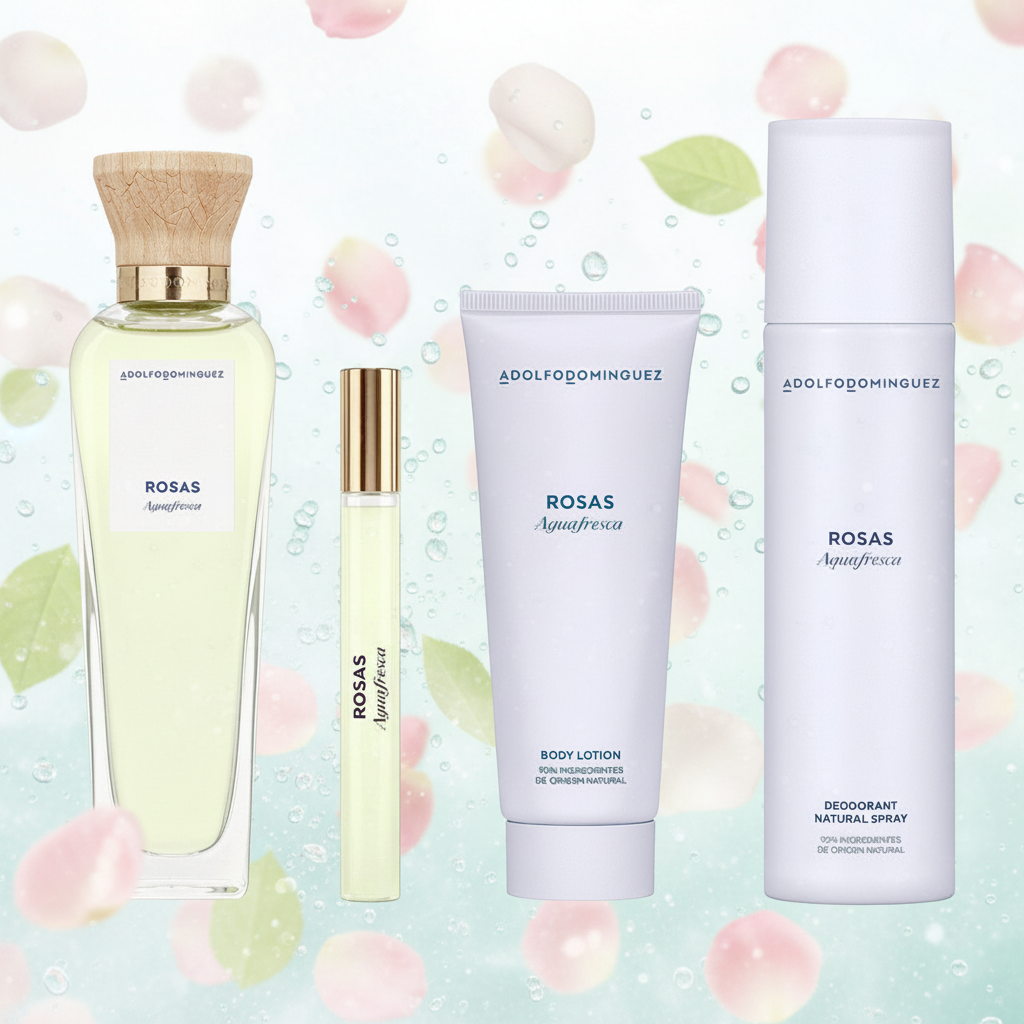 Adolfo Dominguez Rosas Agua Fresca set 4 Piezas Dama EDT 120ml + Locion Corporal 75ml + Desodorante 150ml + Miniatura 10ml mujer