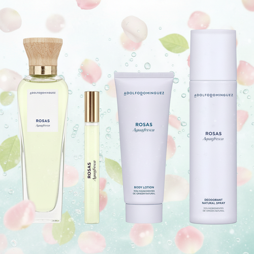 Adolfo Dominguez Rosas Agua Fresca set 4 Piezas Dama EDT 120ml + Locion Corporal 75ml + Desodorante 150ml + Miniatura 10ml mujer